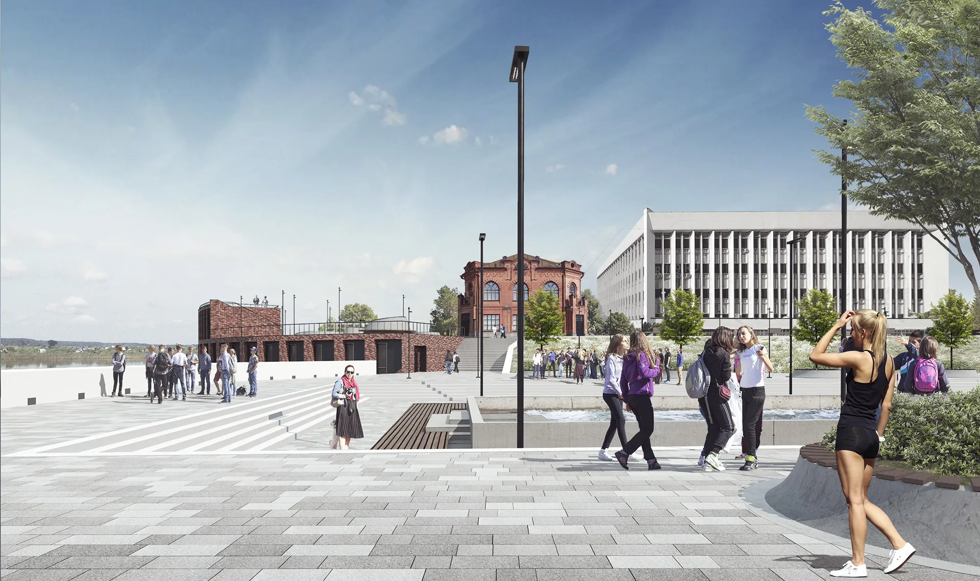 Proposed plaza and pavilion among the existing buildings