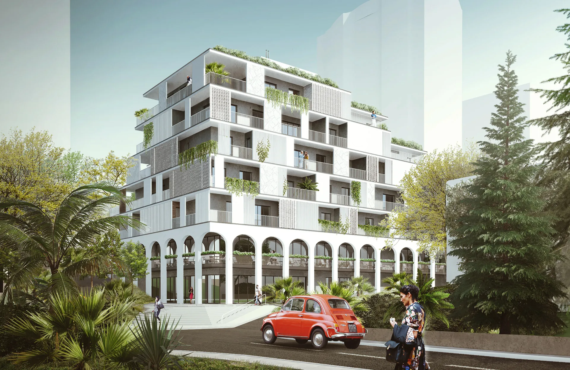 Corner view of the proposed building and street arcade