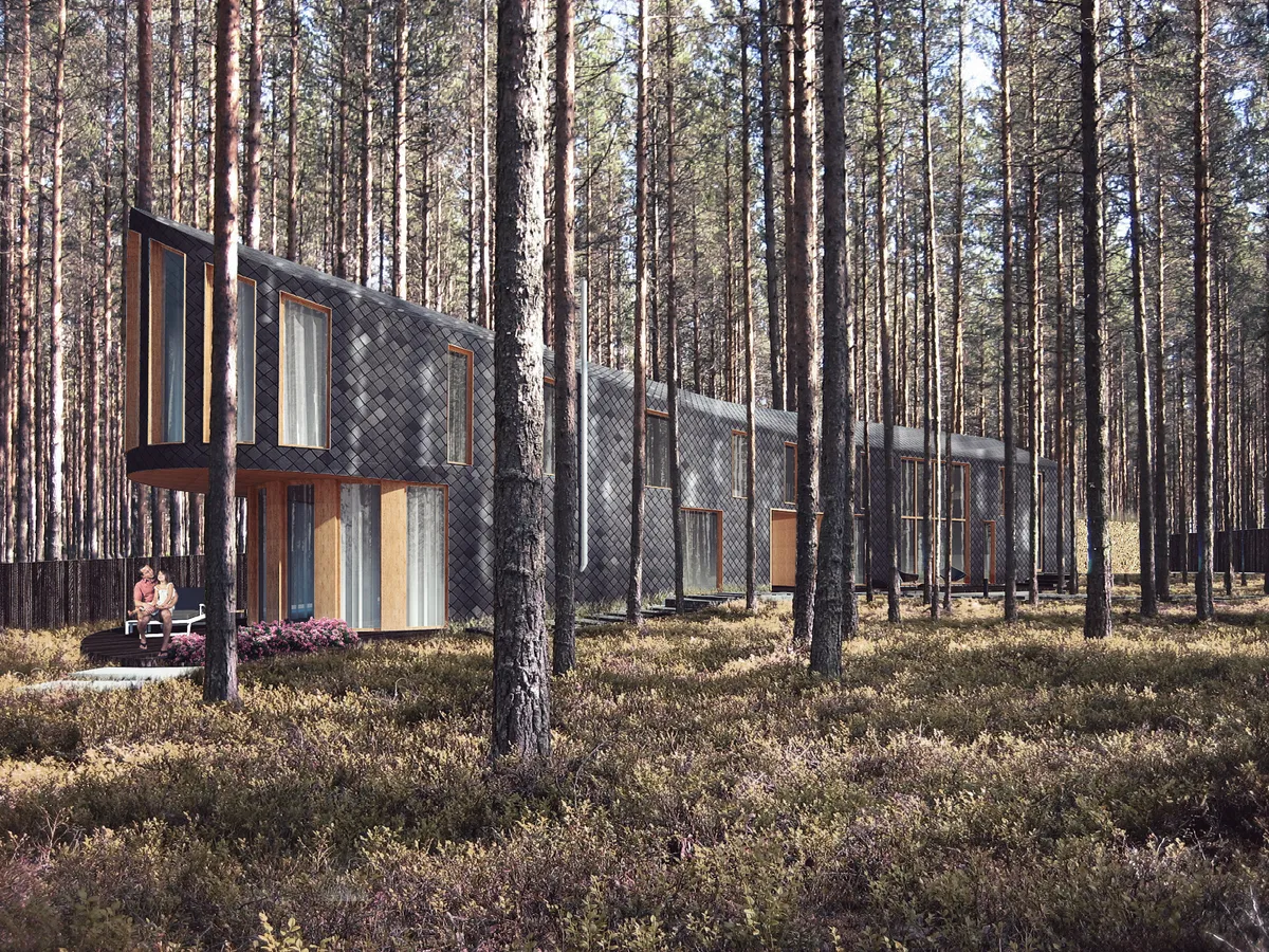 Design visualization of the house among pine trees