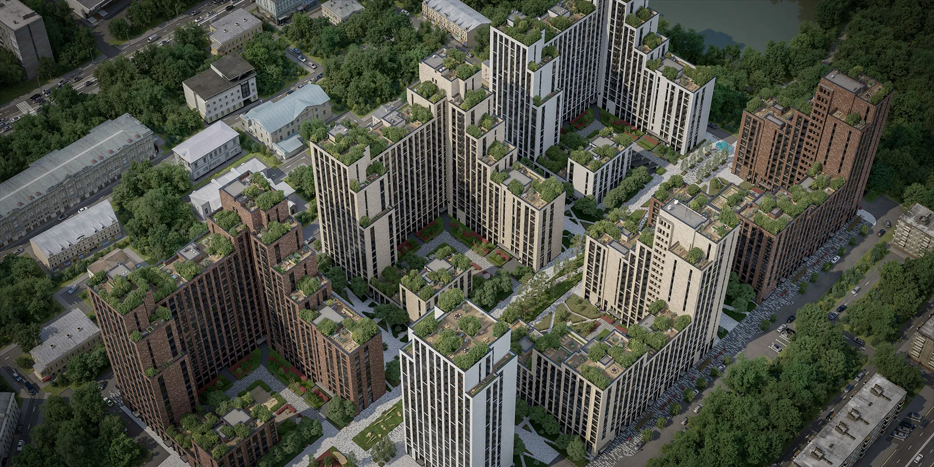 Aerial visualization of the residential development and landscape