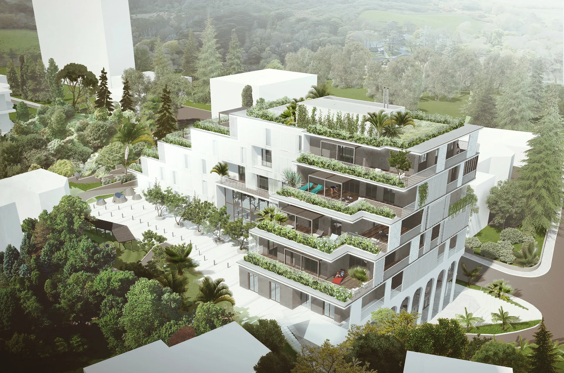 Aerial visualization of the terraced building