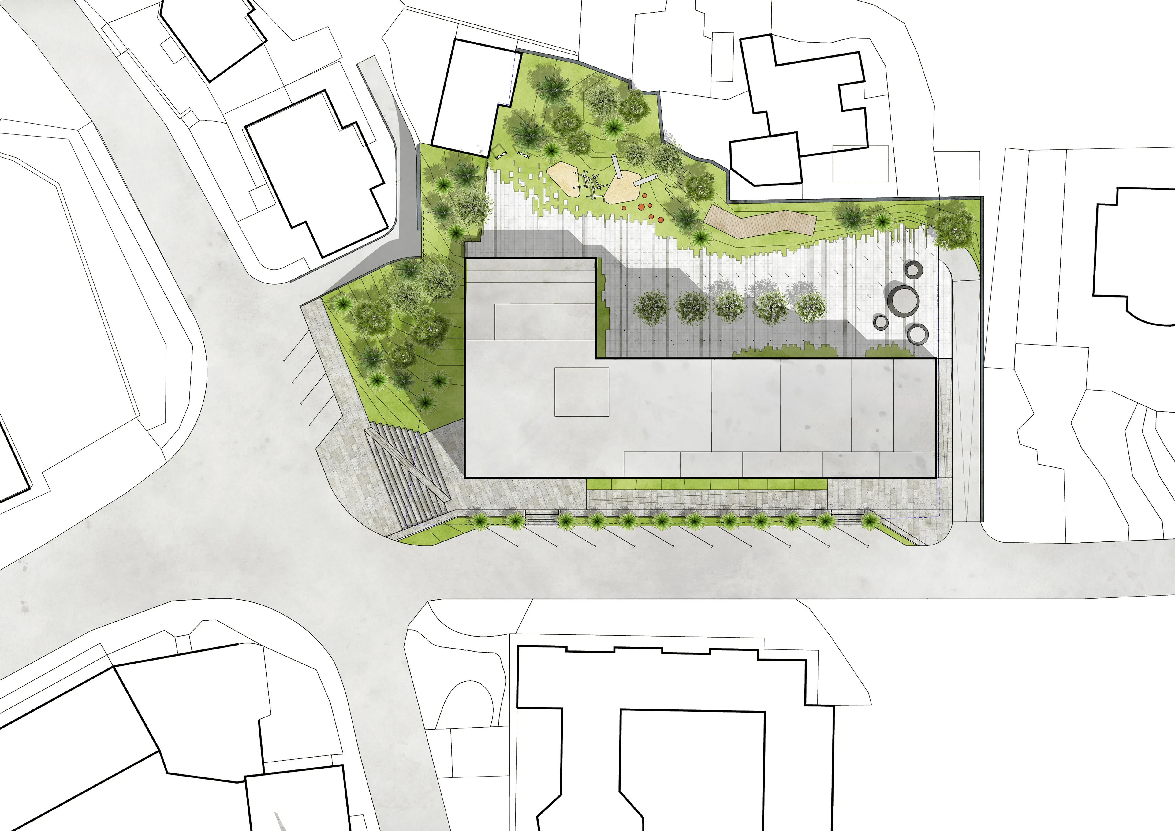 Landscape plan of the courtyard and street edge