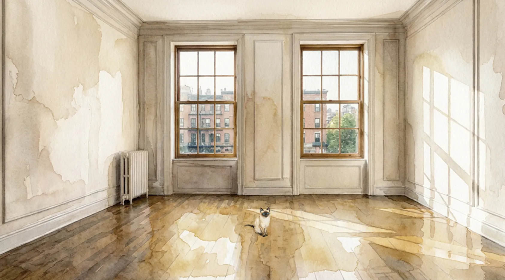 A playful cat in an empty Brooklyn living room