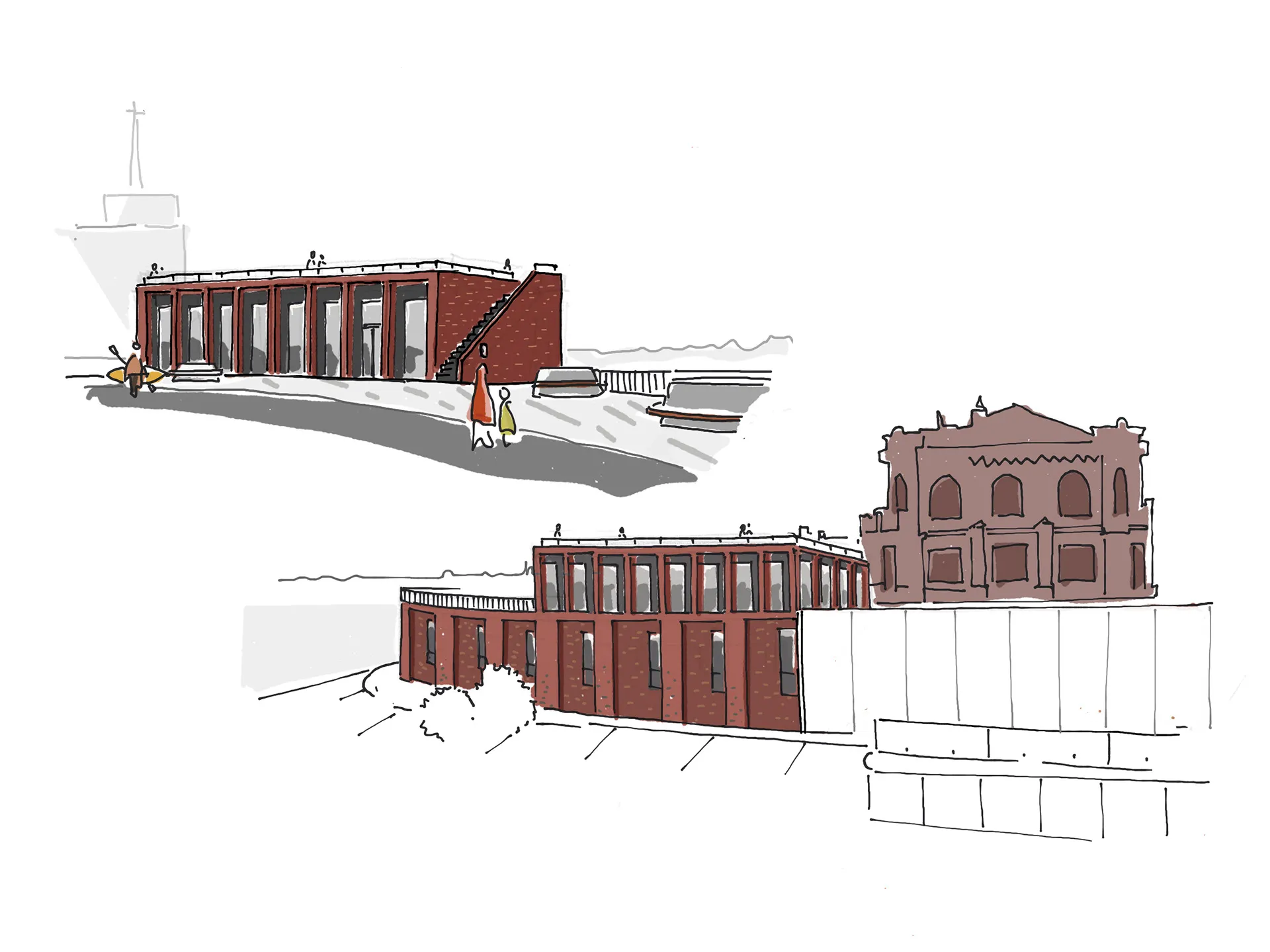 Brick pavilion sketches at the square and river levels