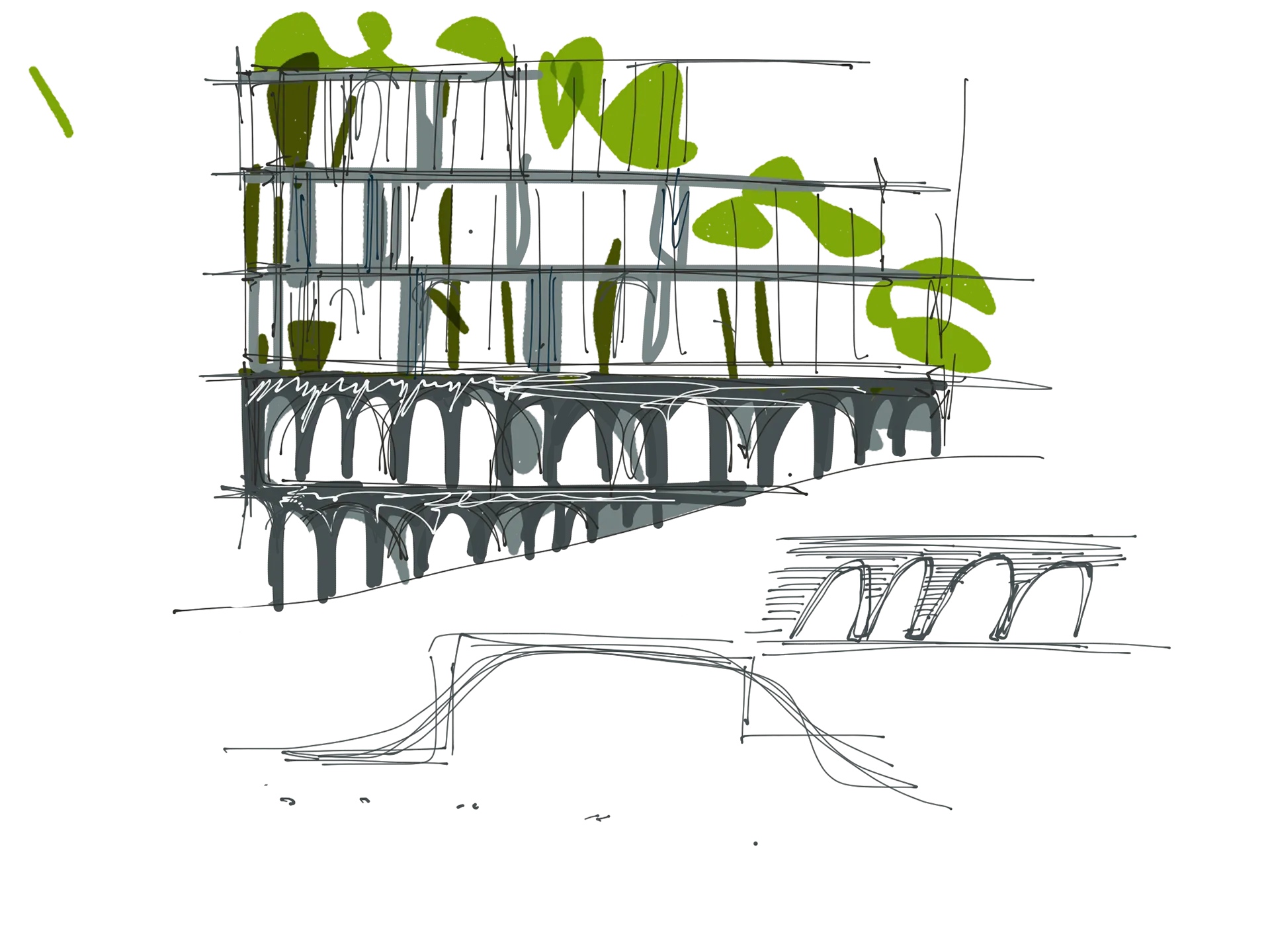 Early elevation and arcade sketches