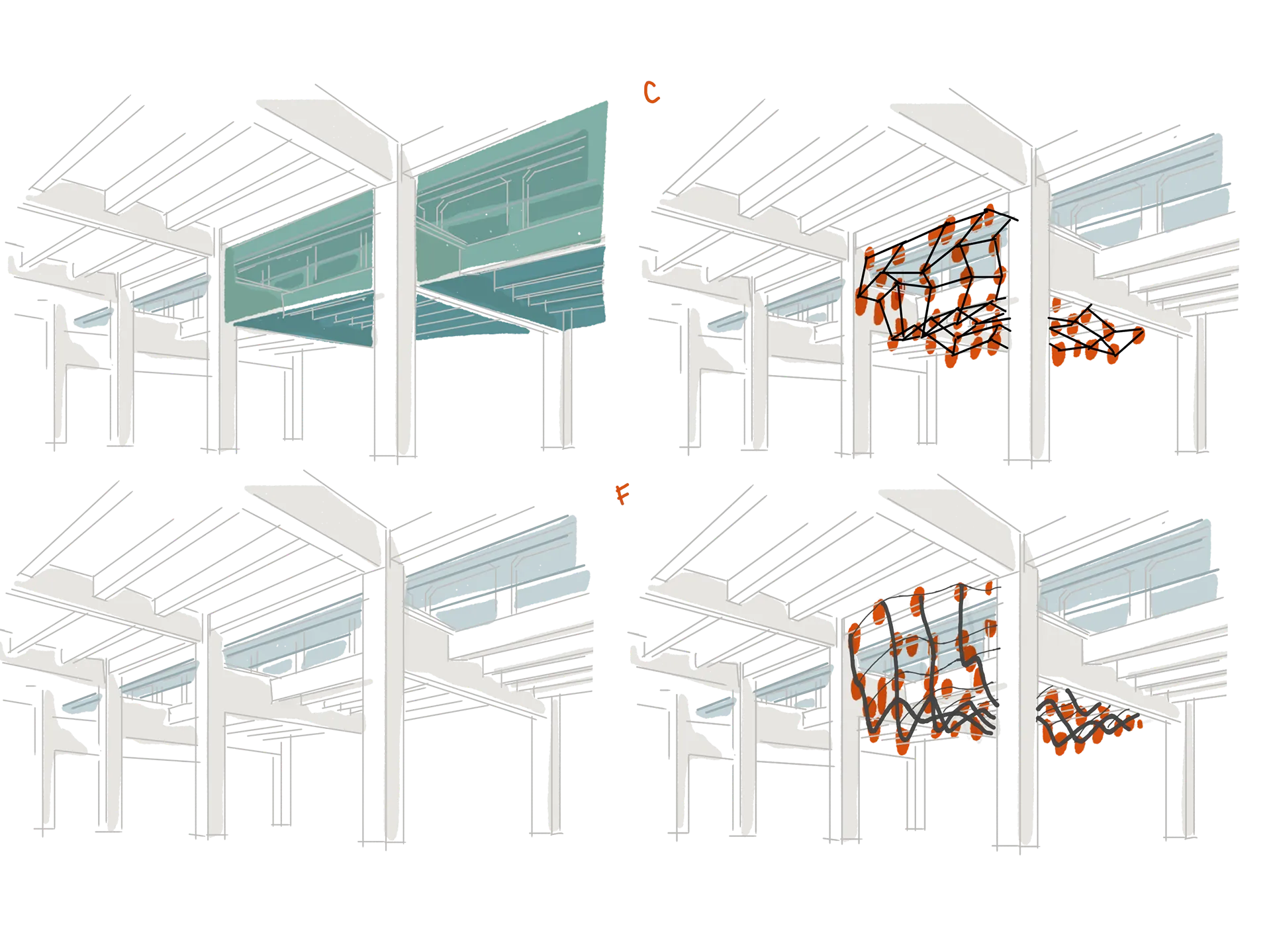 Colour and rhythm studies for suspended elements