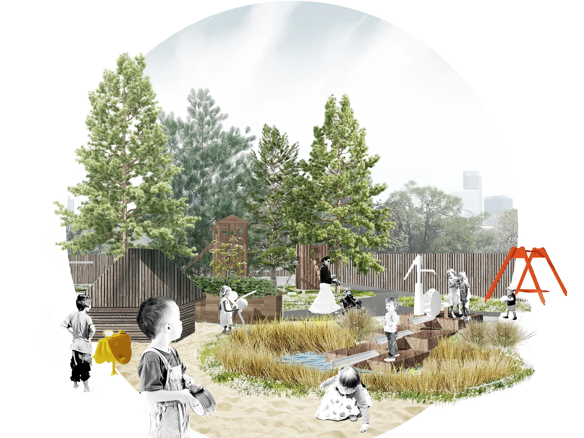Collage study of a planted play space