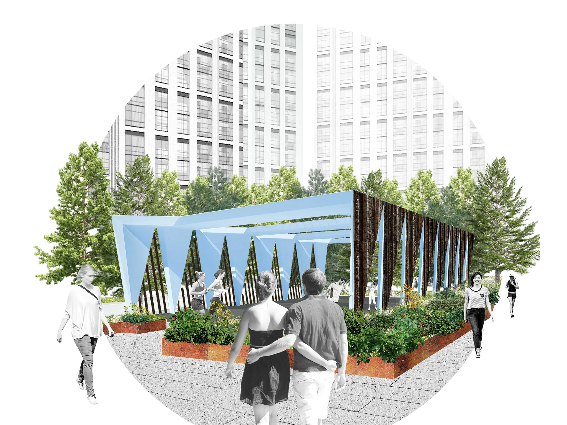 Collage study of a pavilion with angled elements