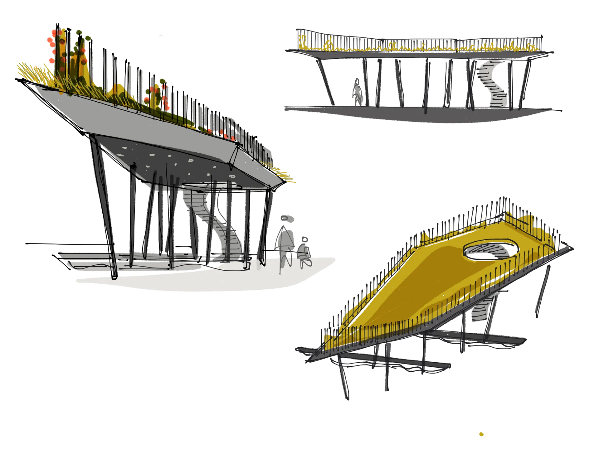 Sketches of a raised pavilion and stair