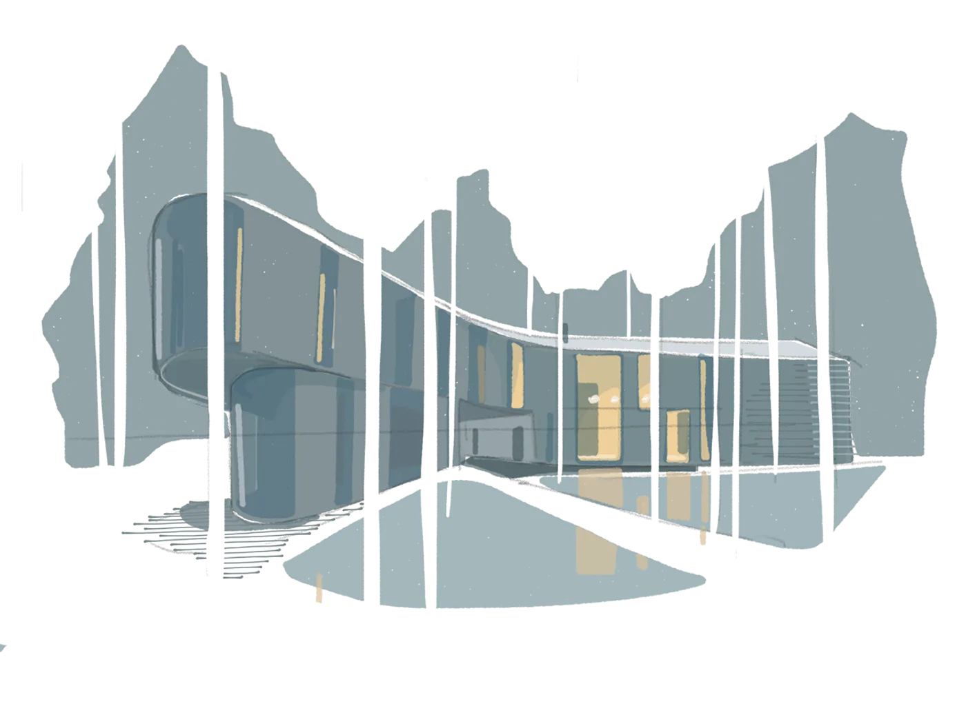 Loose architectural study of a house curving through a stand of pines